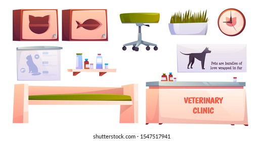 Veterinary vet clinic furniture and stuff set isolated on white background. Reception desk, couch, shelf for medicine, chair, clock. Animals hospital banners, pets medicine Cartoon vector illustration