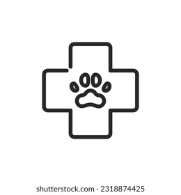Veterinary or Vet Clinic Icon. Vector Outline Editable Sign of Medical Cross with Paw, Symbol Representing Animal Health and Care Services.