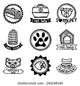 Veterinary vet help pet store sketch emblems set isolated vector illustration