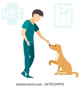 Veterinaria. Un veterinario saluda a un perro enfermo. Chequeo médico para animal doméstico. Diagnóstico para mascotas. Ilustración de clínica veterinaria.