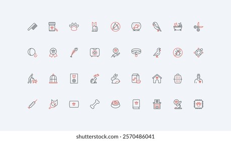 Veterinary, veterinarian shop, pet care accessories and supplies, food line icon set. Grooming, dog and cat cage, carrier and toys, paw footprint thin black and red outline symbols vector illustration