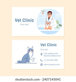Tierärztliche Visitenkarten-Design-Vorlage mit Textkopierraum. Junge männliche Tierärztin mit Hund in Schutzkegel und Katze mit verletzter PfotenVisitenkarte Flache Linie Tierklinik Kreativvektorgrafik