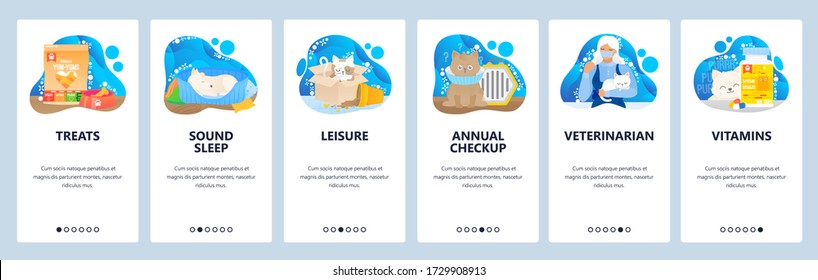 Veterinary website and mobile app onboarding screens. Menu banner vector template for web site and application development. Vet clinic pet care, annual checkup, pet treats, vitamins and supplements.