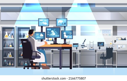 Veterinary Worker Work On Desktop With Animals On Screens Scientist Doing Experiments In Lab Biological Genetic Engineering Research