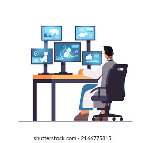 Veterinary Worker Work On Desktop With Animals On Screens Scientist Doing Experiments In Lab Biological Genetic Engineering Research