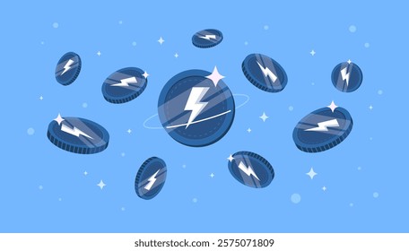 VeThor Token (VTHO) coins falling from the sky. VTHO cryptocurrency concept banner background.