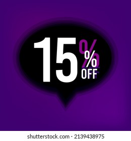 Vetor 15% off discount for big sale. Black ballon on a purple background, fifteen percent off