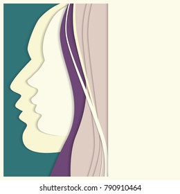 Vetor beautiful woman and man profiles. Colorful paper silhouette background with space for your text