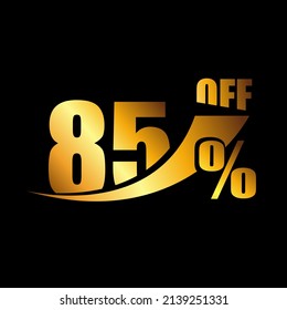 Vetor Black banner discount purchase 85% sale vector gold logo on a black background. Promotional business offer for buyers logotype. eighty five percentage off