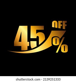 Vetor Black banner discount purchase 45% sale vector gold logo on a black background. Promotional business offer for buyers logotype. forty five percentage off