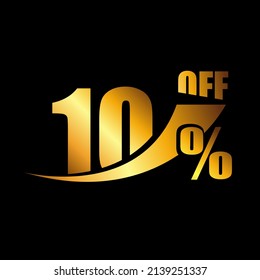 Vetor Black banner discount purchase 10% sale vector gold logo on a black background. Promotional business offer for buyers logotype. Ten percentage off