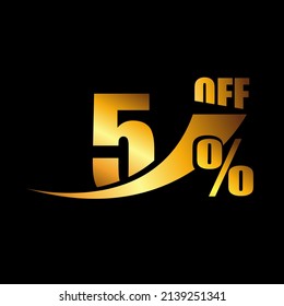 Vetor Black banner discount purchase 5% sale vector gold logo on a black background. Promotional business offer for buyers logotype. five percentage off