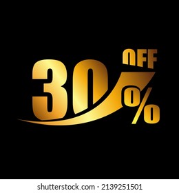 Vetor Black banner discount purchase 30% sale vector gold logo on a black background. Promotional business offer for buyers logotype. Thirty percentage off