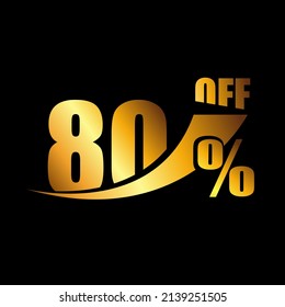 Vetor Black banner discount purchase 80% sale vector gold logo on a black background. Promotional business offer for buyers logotype. eighty percentage off