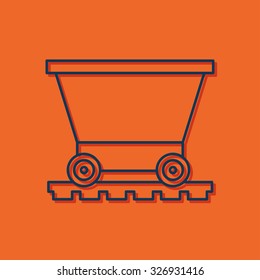 Vetor blue outline trolley icon on orange background with shadow 