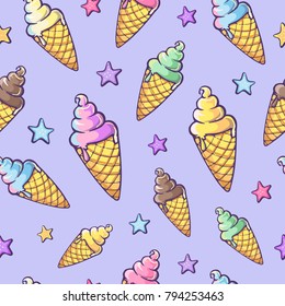 Vetor bright pattern with ice cream and colorful stars on a violet background