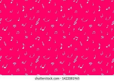 Vetor Bright Pink Seamless Pattern with Musical Notes, Hand Drawn Illustration, Colorful Background Template.