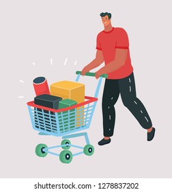 Vetor cartoon illustration of Buying items on sale. Smiling man carrying on shopping cart boxes with discount percents. Holiday purchases in supermarket. Human character on isolated background.