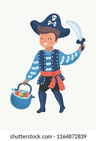 Vetor cartoon illustration of cute boy, children pirate costume. Kid character on white background.