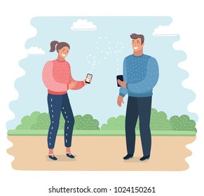 Vetor cartoon illustration of Talking on phone vector concept. Flat design. Telephone addiction. Smiling couple holding hands and talking on mobiles. Conversation and communication each other outdoor.