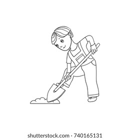 vetor contour cartoon teen boy in worksuit digging the hole by shovel to plant a plant or bush. Isolated illustration on a white background. Children at garden concept.