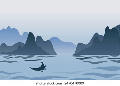 
Vetor drawing with mountains, river and fisherman boat. Asian serene landscape Illustration. Oriental drawing with layers of rocks. Concept for tranquillity meditation background, card, print.