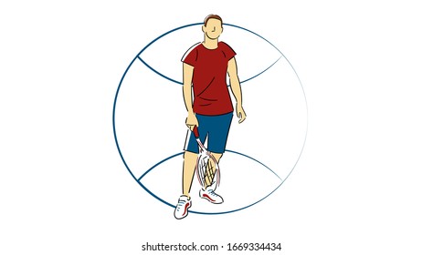 Vetor drawing with a sportsman on the white background. Tennis player with a racket. Blue, red and yellow colors.