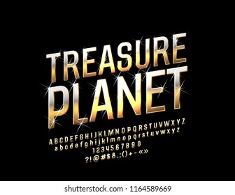 Vetor Golden Sparkling Logo Treasure Planet with Font. Luxury Alphabet Letters and Symbols with Stars