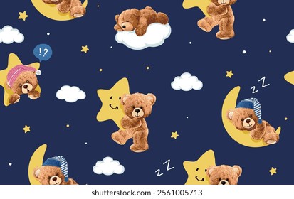 vetor illustration of cute bear doll with the moon and star seamless pattern 