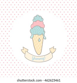 vetor illustration of a cute ice cream cone and ribbon on dotted background and Yummy text