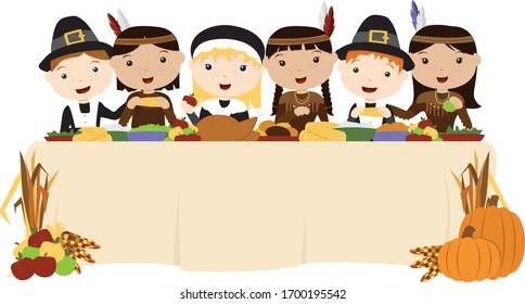 A Vetor Illustration Of Cute Pilgrim And Native American Indians At The First Thanksgiving Table.