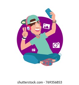 Vetor illustration of selfie boy with smartphone camera 