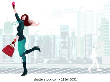 Vetor illustration of a young woman happy with her new smartphone