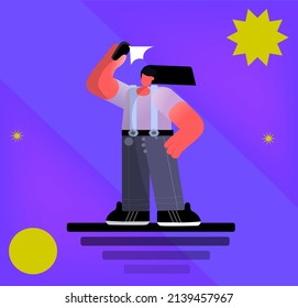 Vetor Minimalist Man Taking Make A Self, Stars On The Square In A Purple Background, Ideal 2022