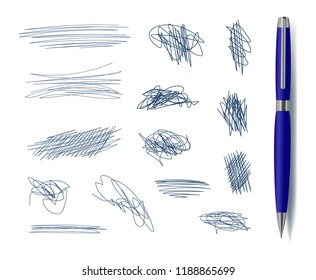 Vetor Scribble Freehand Drawn Elements with Blue Pen Isolated on White Background.