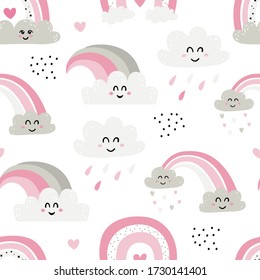 Vetor seamless pattern with cute rainbows. Pattern for baby girl room, wallpaper, kids and baby t-shirts and wear, hand drawn nursery illustration