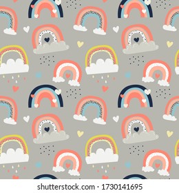 Vetor seamless pattern with cute rainbows. Pattern for baby girl room, wallpaper, kids and baby t-shirts and wear, hand drawn nursery illustration