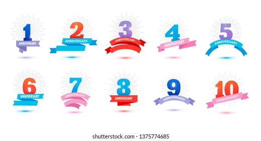 Vetor set of anniversary signs with ribbons. 1,2,3,4,5,6,7,8,9,10. Template design, birthday logo, label. 3d retro style with sun bursts