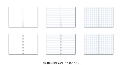 Vetor set of detailed paper notebook with lines and circular binding on white background.