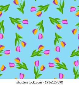 Vetorgrafische nahtlose Muster. Tulpen mit Blättern, Vorlage.
