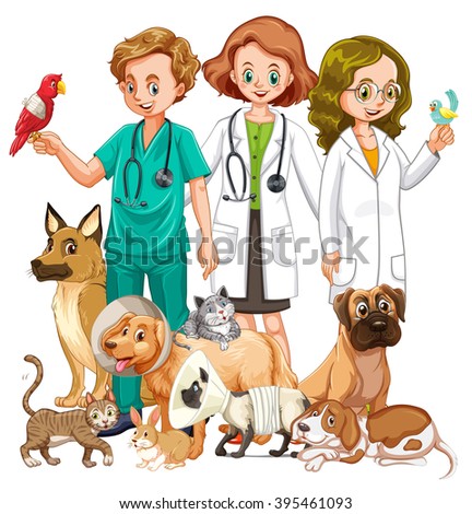 Vets and many type of animals illustration