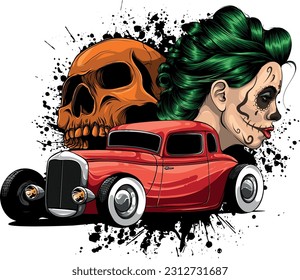 vewctor illustration of hot rod car with woman and skull