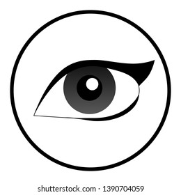 Vextor image of a beautiful woman's eye with long lashes in black and shades of grey color. Eye logo / eye icon in a circle frame.