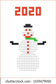 Vextor newyear greeting card with snowman. Made from kids construcion blocks. 2020 New Year.