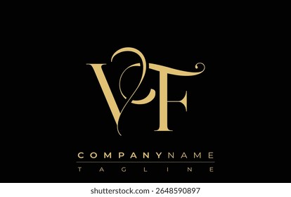 Logo de joyería creativa Abstractas VF. Logotipo elegante con iniciales de monograma doradas en una tipografía elegante y moderna, perfecta para la marca