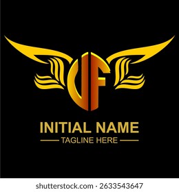VF Golden Wing Emblem Logo with elegant gold wings, sleek and modern design. Ideal for branding, creative projects, luxury businesses, or artistic ventures.