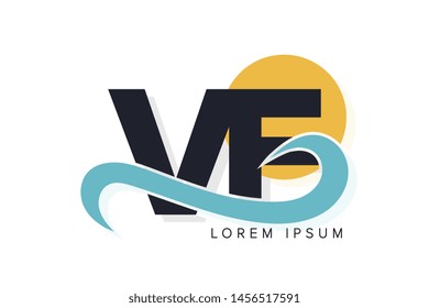 VF letter logo with ocean waves and sunset. Beach concept design