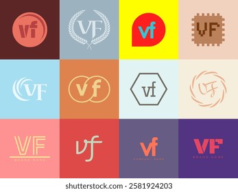 VF logo company template. Letter v and f logotype. Set different classic serif lettering and modern bold text with design elements. Initial font typography. Collection trendy business identity.