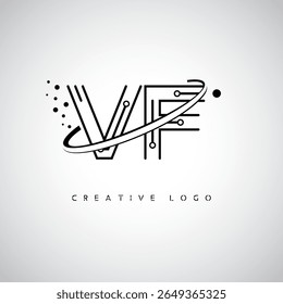 Logotipo de Monograma de Órbita VF - Marca de Letra Mínima Futurista com Linha de Arte Circular, Pontos Inspirados na Tecnologia e Conceito de Movimento Espacial para Identidade de Marca Moderna