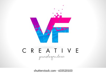 VF V F Letter Logo with Broken Shattered Blue Pink Triangles Texture Design Vector Illustration.